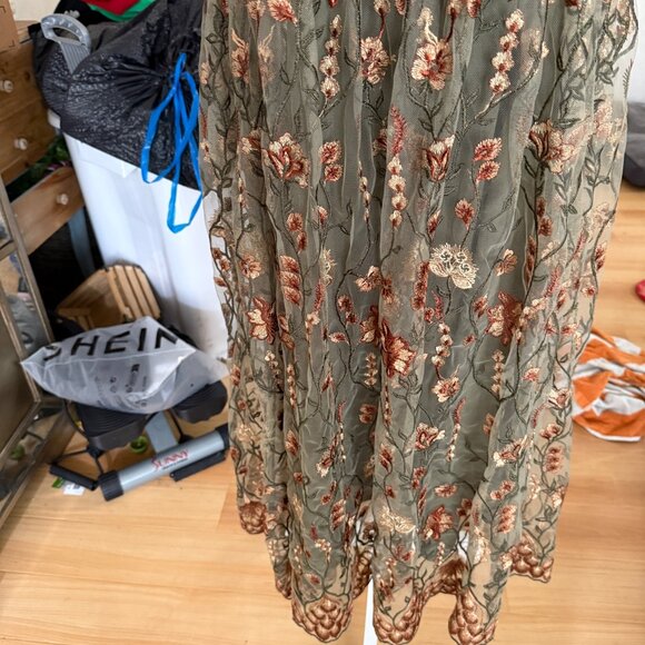 Deauville Maternity Floral Embroidered Midi Dress L Green Orange Lace Hem Short - Picture 4 of 7